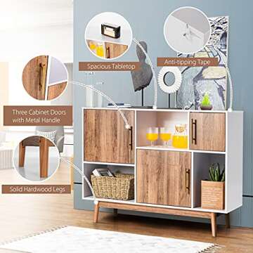 Giantex Sideboard Storage Cabinet W/Storage Compartments, Doors and Wood Legs, Display Cupboard Cabinet for Dining Room,Entryway,Living Room Television Stand 40”x13”x30(White&Coffee)