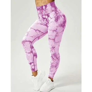QOQ Womens Tie Dye High Waisted Workout Leggings Seamless Scrunch Booty Butt Lift Yoga Pants Tummy Control Compression Tights Purple S