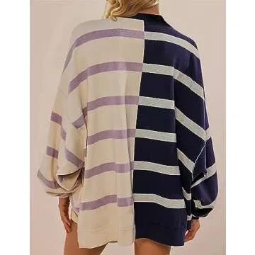 Meladyan Women Striped Oversized Pullover Sweater Crew Neck Color Block Long Sleeve Loose Soft Knit Casual Fall Tunic Tops