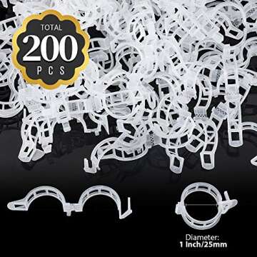Fandamei 200 PCS Plant Support Clips, Tomato Clips, Garden Trellis Clips for Vine, Beans, Vegetables, Fruits, Rose. Tomato Twine Clips, 1 Inch/25mm in Inside Diameter, White Transparent