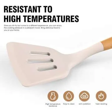 Silicone Cooking Utensils Set - Silicone Kitchen Utensils for Cooking Wooden Handles, 446°F Heat Resistant Kitchen Utensil Spatula Sets w Holder, Gadgets for Non-Stick Cookware BPA FREE (Khaki)