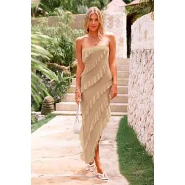 PRETTYGARDEN Women's Summer Long Formal Cocktail Dress 2025 Strapless Tube Asymmetrical Ruffle Maxi Bodycon Party Dresses