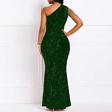 Cololura Women Sequin Elegant Sexy One Shoulder Tassel Oblique Collar Mermaid Bodycon Cocktail Evening Dress Green