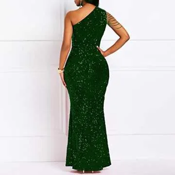 Cololura Women Sequin Elegant Sexy One Shoulder Tassel Oblique Collar Mermaid Bodycon Cocktail Evening Dress Green