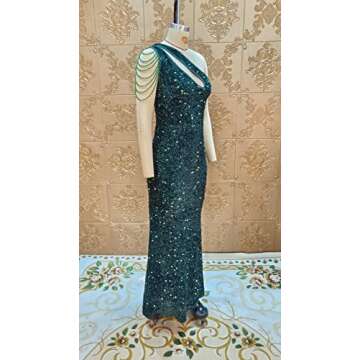 Cololura Women Sequin Elegant Sexy One Shoulder Tassel Oblique Collar Mermaid Bodycon Cocktail Evening Dress Green