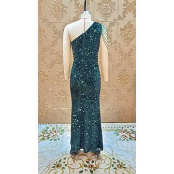 Cololura Women Sequin Elegant Sexy One Shoulder Tassel Oblique Collar Mermaid Bodycon Cocktail Evening Dress Green