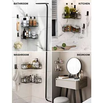 Iperlife Corner Shower Caddy Black,Shower Organizer Corner Shower Shelf with Hooks for Hanging Razor and Sponge, Wall Mount Over Toilet Storage Rack - 2 Pack (Only Fits 90° Right Angle Corner)