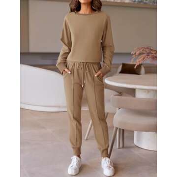 ZESICA Women's Long Sleeve Crop Top and Pants Pajama Sets 2 Piece Jogger Long Sleepwear Loungewear Pjs Sets,Khaki,Small