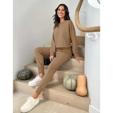 ZESICA Women's Long Sleeve Crop Top and Pants Pajama Sets 2 Piece Jogger Long Sleepwear Loungewear Pjs Sets,Khaki,Small