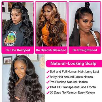 Vroosar 13x4 HD Body Wave Lace Front Wigs Human Hair Wigs for Black Women, 180% Density Brazilian Virgin Glueless Wigs, Pre Plucked with Baby Hair, 30 Inch