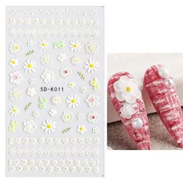 5 Sheets 3D Embossed Flower Nail Art Stickers Decals 5D Self-Adhesive Pegatinas Uñas Colorful Daisy Blossom Floral Nail Supplies Nail Art Design Decoration Accessories