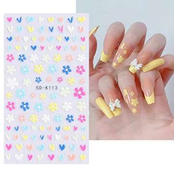 5 Sheets 3D Embossed Flower Nail Art Stickers Decals 5D Self-Adhesive Pegatinas Uñas Colorful Daisy Blossom Floral Nail Supplies Nail Art Design Decoration Accessories