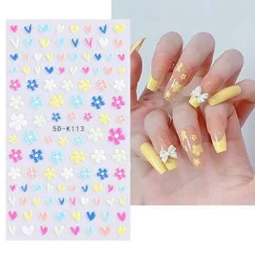 5 Sheets 3D Embossed Flower Nail Art Stickers Decals 5D Self-Adhesive Pegatinas Uñas Colorful Daisy Blossom Floral Nail Supplies Nail Art Design Decoration Accessories
