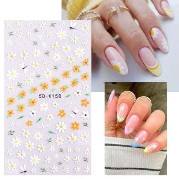 5 Sheets 3D Embossed Flower Nail Art Stickers Decals 5D Self-Adhesive Pegatinas Uñas Colorful Daisy Blossom Floral Nail Supplies Nail Art Design Decoration Accessories