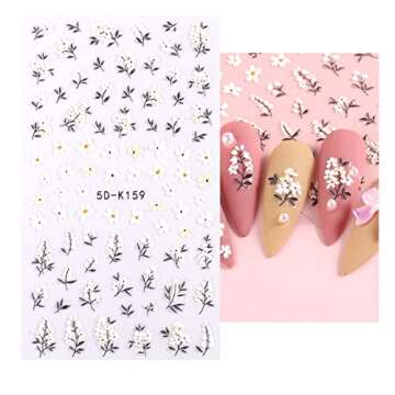5 Sheets 3D Embossed Flower Nail Art Stickers Decals 5D Self-Adhesive Pegatinas Uñas Colorful Daisy Blossom Floral Nail Supplies Nail Art Design Decoration Accessories