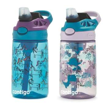 Contigo Kids Water Bottle with Autospout Straw – Spill Proof, Easy-Clean Lid Design, 14 oz., Unicorns & Dinos, 2 - pack