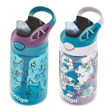 Contigo Kids Water Bottle with Autospout Straw – Spill Proof, Easy-Clean Lid Design, 14 oz., Unicorns & Dinos, 2 - pack