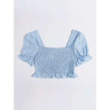 Floerns Women's Summer Square Neck Schiffy Drawstring Front Crop Top Blouse Baby Blue M