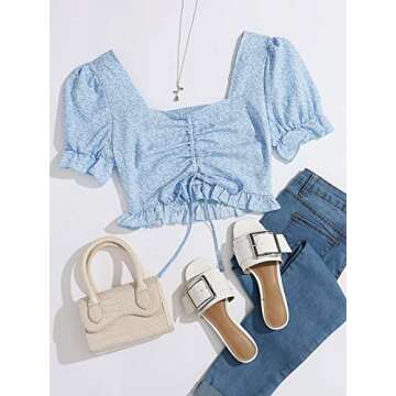 Floerns Women's Summer Square Neck Schiffy Drawstring Front Crop Top Blouse Baby Blue M