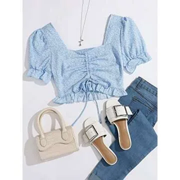 Floerns Women's Summer Square Neck Schiffy Drawstring Front Crop Top Blouse Baby Blue M