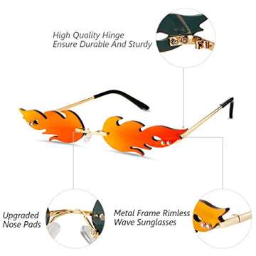 Fire Flame Sunglasses Rimless Flame Shaped Sun Glasses Wave Fire Shaped Glasses for Women Men Party ...