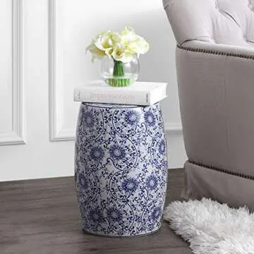 JONATHAN Y TBL1009A Lotus Blossom 17.5" Chinoiserie Ceramic Drum Indoor/Outdoor Garden Stool Bohemia...