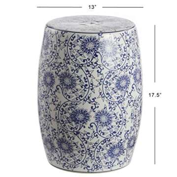 JONATHAN Y TBL1009A Lotus Blossom 17.5" Chinoiserie Ceramic Drum Indoor/Outdoor Garden Stool Bohemian, Coastal, Classic, Cottage, French Country, Traditional, Bathroom, Garden Room, Patio, Blue/White