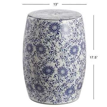 JONATHAN Y TBL1009A Lotus Blossom 17.5" Chinoiserie Ceramic Drum Indoor/Outdoor Garden Stool Bohemian, Coastal, Classic, Cottage, French Country, Traditional, Bathroom, Garden Room, Patio, Blue/White