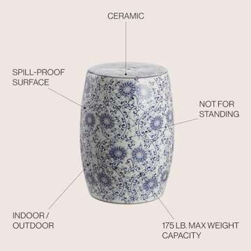JONATHAN Y TBL1009A Lotus Blossom 17.5" Chinoiserie Ceramic Drum Indoor/Outdoor Garden Stool Bohemian, Coastal, Classic, Cottage, French Country, Traditional, Bathroom, Garden Room, Patio, Blue/White