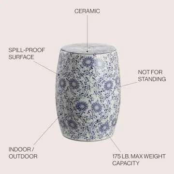 JONATHAN Y TBL1009A Lotus Blossom 17.5" Chinoiserie Ceramic Drum Indoor/Outdoor Garden Stool Bohemian, Coastal, Classic, Cottage, French Country, Traditional, Bathroom, Garden Room, Patio, Blue/White