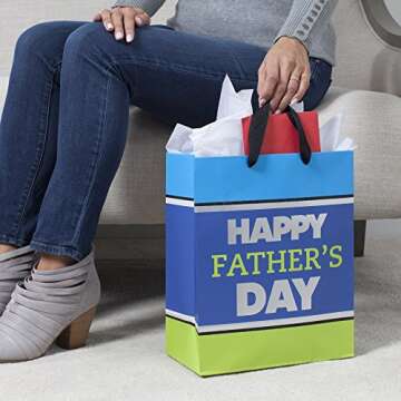 Hallmark 13" Large Father's Day Gift Bag with Tissue Paper (Blue and Lime Green) for Dads, Step-Dads...