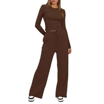 Darong Women's 2 Piece Outfits Lounge Sets Ruched Long Sleeve Tops and Wide Leg Pants Tracksuit Sets 9065A Coffee XL