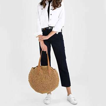 YYW Round Straw Bag Handwoven Natural Summer Beach Shoulder Bag Rattan Crossbody Purse for Women (brown) One Size