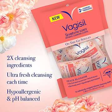 Vagisil Scentsitive Scents On-The-Go Feminine Cleansing Mini Wipes, pH Balanced, Peach Blossom, Individually Wrapped, 16 Count White