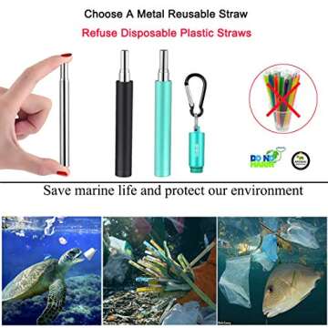 2 Pack Reusable Metal Straws Collapsible Stainless Steel Drinking Straw Travel Portable Telescopic Straw with Case,2 Cleaning Brushes Included Black/Turquoise