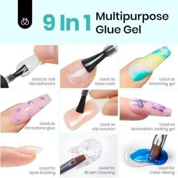 Beetles Gel Polish 9 in 1 Nail Glue with New Formula, 0.5 Fl Oz Super Strong Brush in Nail Gel Glue for False Nails Tips, Rhinestone, Base Gel, Blooming Gel, Gift for Women