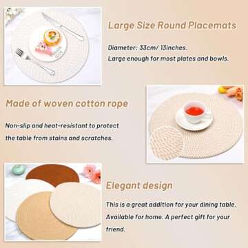 Billbotk Round Woven Placemats Set of 4, 13 Inches Kitchen Table Place Mats for Dining Table, Trivets for Hot Pots and Pans, Boho Table Setting Decor, Fall Decorations for Home