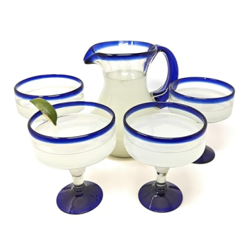 Dos Sueños Mexican Hand Blown Glass Drinkware Set - 4 Margarita Glasses (16oz) and Pitcher (84oz) ?...