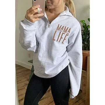 TAIUICY Women Mama Life Zip Up Pullover Sweatshirt Jacket High Collar Quarter 1/4 Zip Hoodie Coat (White, XL)