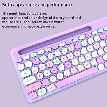 FOPETT 2.4GHz Wireless Keyboard and Mouse Set with Phone Holder - Compact Full-Size Keyboard - Compatible with Windows/Laptop/PC/Notebook - 888 Purple Colorful