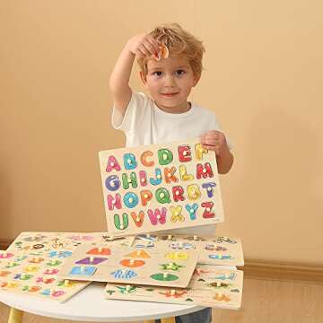 GRINNNIE Wooden Peg Puzzle for Toddlers, 6 Pack Toddler Puzzles Set for 3 4 5 Years Old (Alphabet Nu...