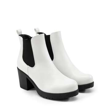 DREAM PAIRS Women's High Chunky Heel Chelsea Ankle Boots Slip On Elastic Fall Heeld Booties Shoes,Size 7,White/Black,FRE