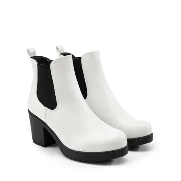 DREAM PAIRS Women's High Chunky Heel Chelsea Ankle Boots Slip On Elastic Fall Heeld Booties Shoes,Size 7,White/Black,FRE