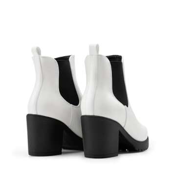 DREAM PAIRS Women's High Chunky Heel Chelsea Ankle Boots Slip On Elastic Fall Heeld Booties Shoes,Size 7,White/Black,FRE
