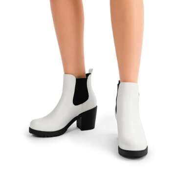 DREAM PAIRS Women's High Chunky Heel Chelsea Ankle Boots Slip On Elastic Fall Heeld Booties Shoes,Size 7,White/Black,FRE