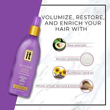 12-in-One Volumizing Amazing Leave-In Hair Treatment - Infused with Keratin, Avocado, and Whole Wheat to Strengthen and Add Volume - Conditioner Spray to Protect Dry and Damaged Hair - IT 12-in-One