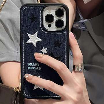 Casechics Compatible with iPhone Case,Cool Denim Fabric Embroidery Star Silicone Camera Lens Protect...