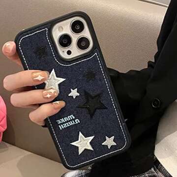 Casechics Compatible with iPhone Case,Cool Denim Fabric Embroidery Star Silicone Camera Lens Protection Soft Shockproof Cover Phone Case (Blue,iPhone 12)