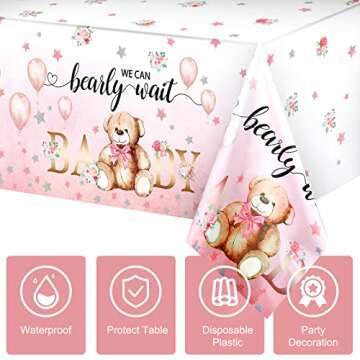 Tegeme Bear Baby Shower Tablecloth Plastic Bear Table Cover We Can Bearly Wait Baby Tablecloth Balloon Star Flower Table Cover for Kids Birthday Party and Baby Shower, 54 x 108 Inch(Pink,3 Pack)