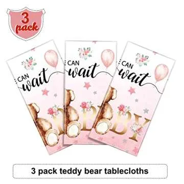 Tegeme Bear Baby Shower Tablecloth Plastic Bear Table Cover We Can Bearly Wait Baby Tablecloth Balloon Star Flower Table Cover for Kids Birthday Party and Baby Shower, 54 x 108 Inch(Pink,3 Pack)